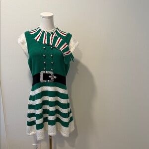 Holiday “Santa’s Helper” Green and White Striped Sweater Dress